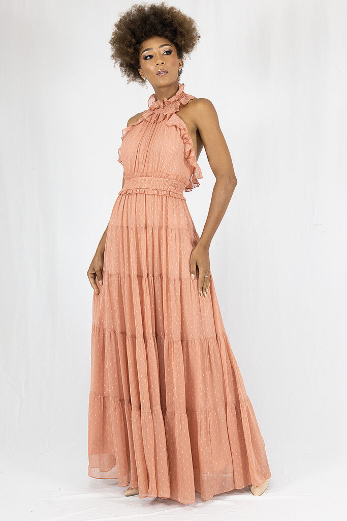 Vestido de Festa Salmão com Babados